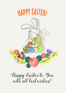 复活节快乐穿着兔子西装的孩子复活节蛋糕春花的花环老式手绘复活节卡片图片
