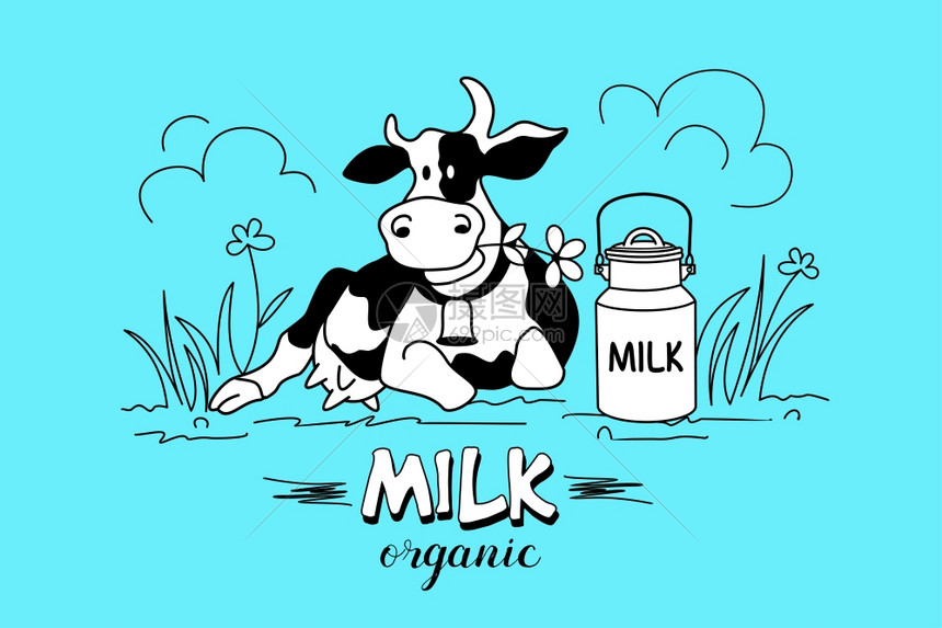 草地上的牛矢量单色手绘插图乳制品,牛奶图片