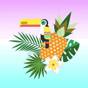 巨嘴鸟热带植物的矢量插图,菠萝,李子花背景图片
