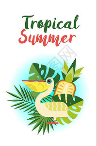热带夏季矢量插图鹈鹕,热带树叶,多汁的菠萝图片