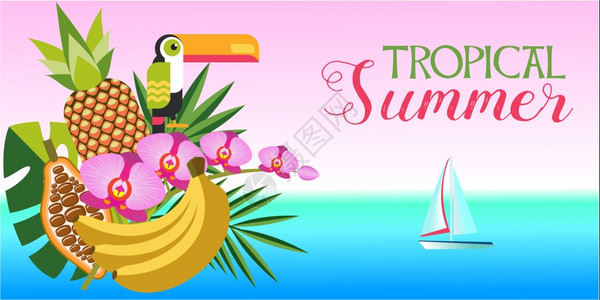 异国情调的植物,水果,菠萝,香蕉,可可,巨嘴鸟,海洋背景上的兰花枝大海里的游艇热带逃亡的矢量插图图片