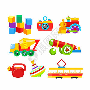 套矢量儿童玩具白色背景上隔离包括立方体,火车头,照相机,搅拌机,顶部,湖泊,电车图片