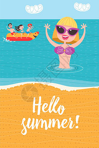 暑假海滩活动,香蕉划船,海里游泳平风格的矢量插图图片