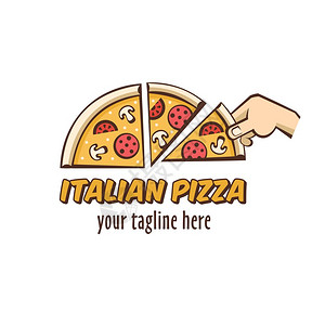 切香肠咖啡厅比萨饼店卡通风格的矢量标志意大利披萨片热披萨,蘑菇香肠西红柿奶酪插画