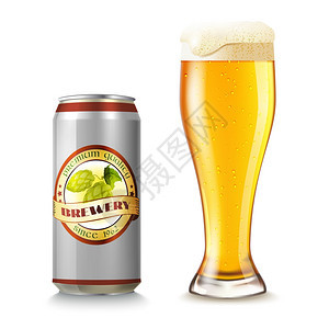 啤酒杯罐头真实的三维啤酒璃锡可以分离矢量插图图片