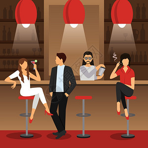 酒吧柜台与男女坐鸡尾酒饮料平矢量插图条形平插图图片