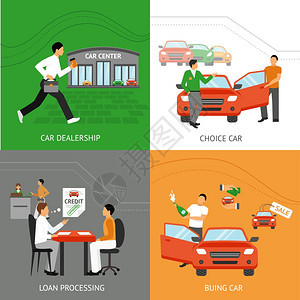汽车经销商与汽车选择过程平图标孤立矢量插图汽车经销商的理念图片