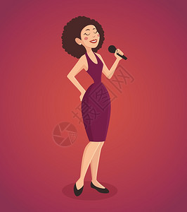 歌手女插图歌手女人穿着连衣裙,用麦克风卡通矢量插图唱首歌图片
