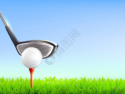 高尔夫现实背景高尔夫现实背景与球杆蓝天绿草矢量插图图片
