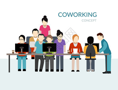 与工作桌子平矢量插图的人合作中心合作中心的图片
