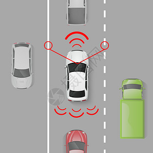 汽车安全系统与顶部视图自动道路矢量插图上运动汽车安全系统图片