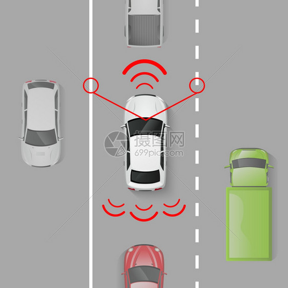 汽车安全系统与顶部视图自动道路矢量插图上运动汽车安全系统图片