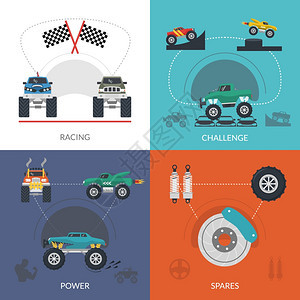 怪物卡车集与赛车挑战平图标孤立矢量插图怪物卡车图片