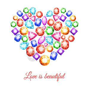 彩色宝石的心形与爱美丽的刻字矢量插图宝石心形图片