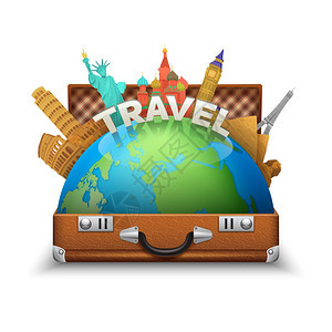 老式开放旅游手提箱与全球世界地标内的矢量插图旅游手提箱插图图片