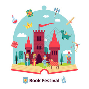 童话与开放书籍中世纪城堡人物矢量插图童话插图图片