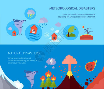 自然灾害2平横幅成气象自然灾害2横幅构图海报与森林火灾海啸信息孤立矢量插图背景图片