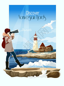 挪威峡湾海景海报与灯塔背景矢量插图海景背景插图图片