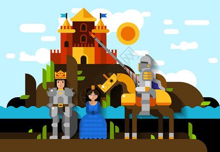 五颜六色的骑士海报平海报骑士公主国王的盔甲与城堡的背景矢量插图图片