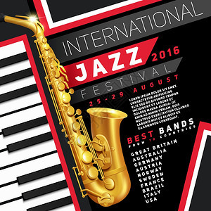 爵士音乐节海报爵士乐节日海报与金色萨克斯管钢琴键矢量插图图片