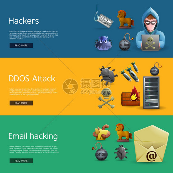 黑客活动横幅带黑客活动图标DDoS攻击计算机系统电子邮件黑客矢量插图的水平横幅图片