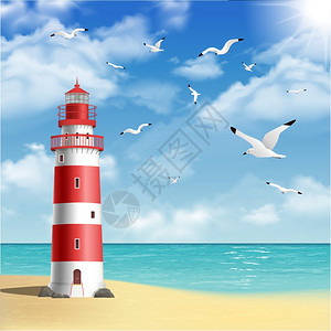 海滩上的现实灯塔,背景矢量插图上海鸥海洋海滩上的灯塔图片