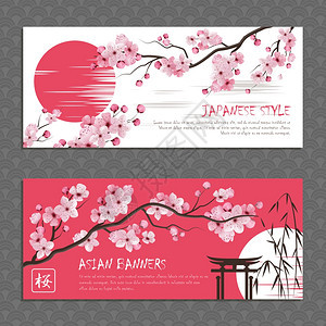 日本中村横幅水平横幅粉红色美丽的樱花枝与花太阳绘制日本风格的矢量插图图片