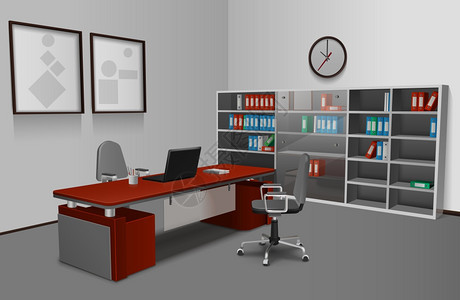 现实的办公室内部逼真的办公室内部与3D办公桌书架画框墙上矢量插图图片