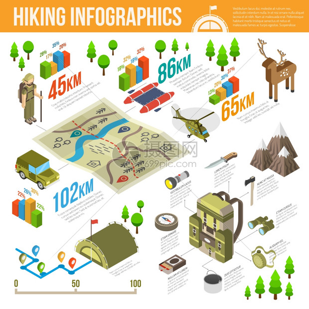 徒步旅行信息图表集徒步旅行信息集与徒步旅行设备符号图表矢量插图图片