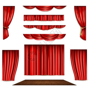 红色窗帘舞台图标红色剧院窗帘同的形状木制舞台现实孤立矢量插图图片