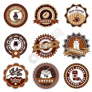 咖啡标志标签为棕色怀旧最优质的咖啡标志标签收集出售,老式棕色抽象孤立矢量插图图片