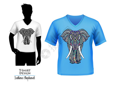 印度大象涂鸦T恤横幅印度纪念品T恤,大象象征权力好运,白色蓝色涂鸦矢量插图图片