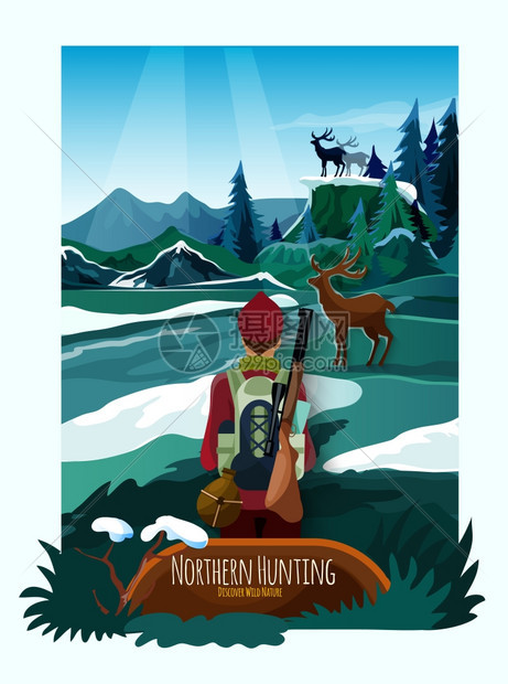 诺亨景观自然狩猎海报打印高山草甸景观海报与猎人鹿岩石上与冰山背景矢量插图图片