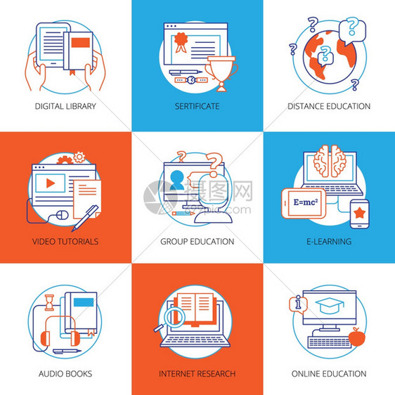 线教育上的图标平颜色图标线教育与数字图书馆视频教程,互联网研究音频书籍孤立矢量插图图片