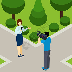 记者职业等距横幅记者妇女报道生活室外的城市公园与专业操作员等距横幅抽象矢量插图图片