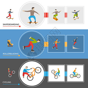水平极端城市体育横幅水平横幅极端城市运动与滚轮自行车滑板者图标矢量插图图片