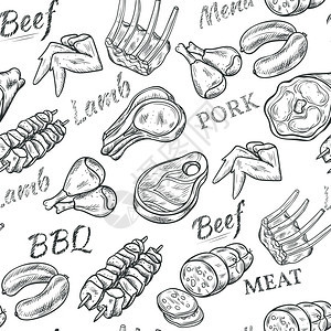 肉素描无缝图案肉黑白草图无缝图案与牛肉猪肉矢量插图图片