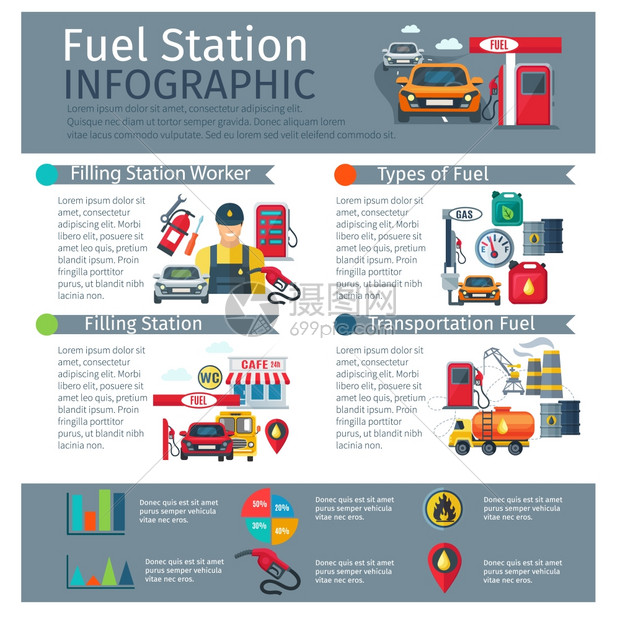 加油站信息摄影集加油站信息图集与工人类型的燃料运输符号平矢量插图图片