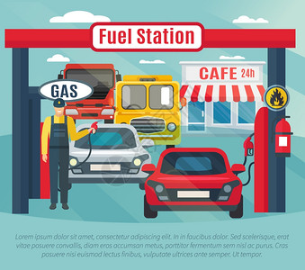 加油站背景图加油站背景与燃料工人汽车咖啡馆平矢量插图背景图片