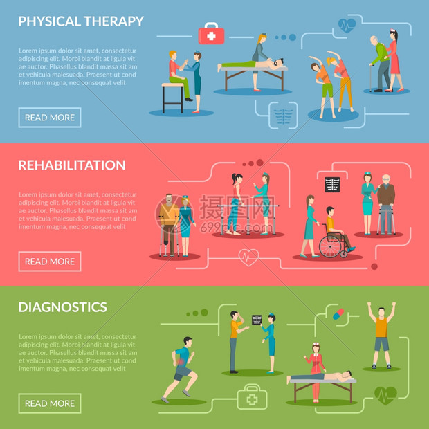 理疗康复横幅理疗水平横幅诊断康复中心与医务人员病人设备平矢量插图图片