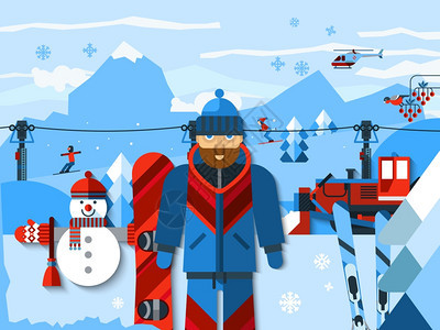 滑雪平颜色成滑雪平颜色成与滑雪者滑雪胜地冬季景观与山地直升机滑雪升降机矢量插图图片