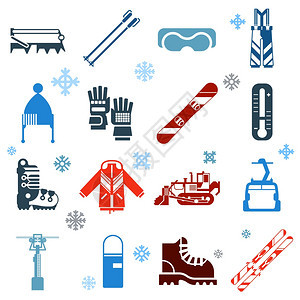 平单色滑雪图标与雪花平单色滑雪图标集滑雪滑雪板装备与滑雪升降机除雪设备白色背景与雪花孤立矢量插图图片