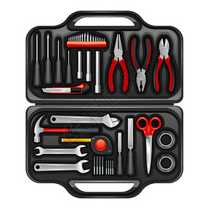 工具箱与工具包集黑色塑料工具箱,用于储存携带维修服务的仪器工具,逼真的矢量插图图片