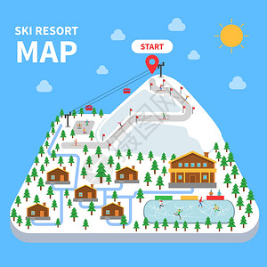 滑雪胜地滑雪场装饰图与滑雪路线溜冰场矢量插图图片