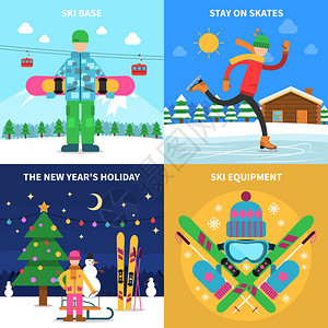 冬季运动冬季运动与滑雪设备平图标孤立矢量插图图片