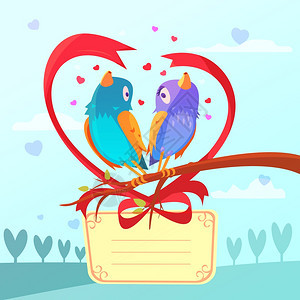 情人节复古漫画情人节复古卡通卡与鸟类夫妇矢量插图图片