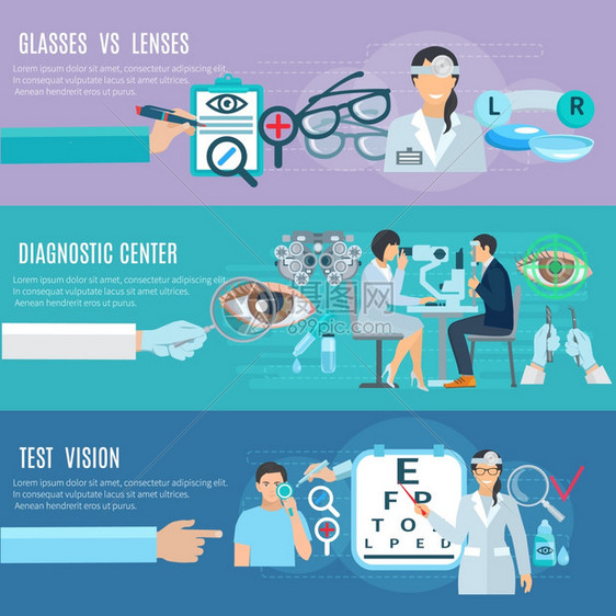 眼科诊断中心平横幅眼科医生眼科诊断治疗中心长手3平水平横幅抽象孤立矢量插图图片