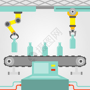 机器人手臂的机器人手臂与工厂输送线平矢量插图图片