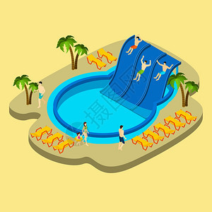 水上公园游泳插图水上公园游泳与手掌躺椅黄色背景等距矢量插图图片
