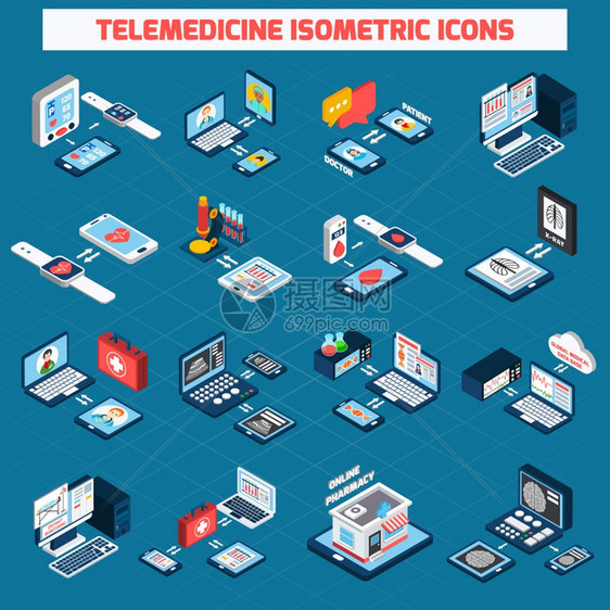 远程医疗等距图标远程医疗等距图标与三维数字健康设备隔离矢量插图图片